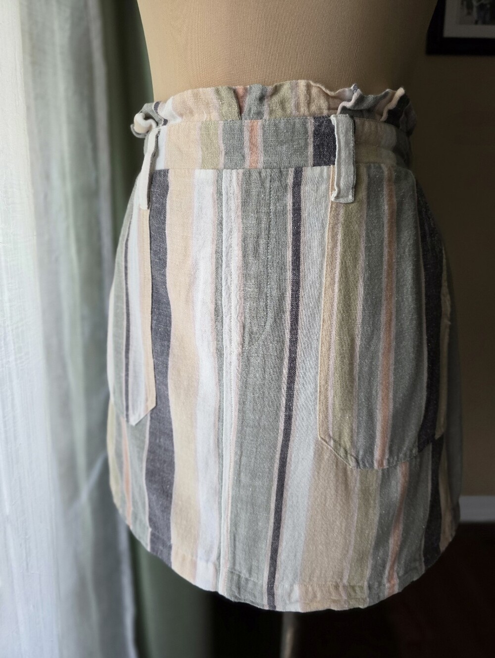American Eagle Striped Paperbag Linen Blend High‎ Waist Mini Skirt Pockets XS